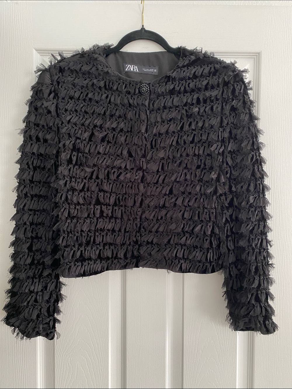 Zara Black Velvet Fringe Crop Jacket Size Large